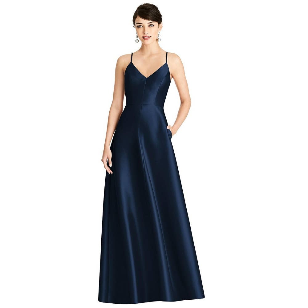 Alfred Sung V-Neck Full Skirt Satin Bridesmaid Maxi Dress Midnight Blue